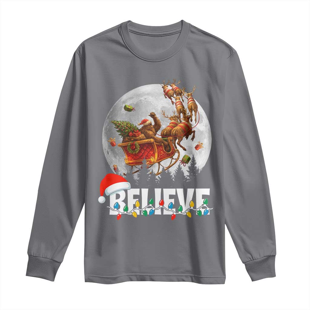 Funny Bigfoot Christmas Long Sleeve Shirt Believe Santa Sasquatch Xmas Reindeer Sleigh TS11 Charcoal Print Your Wear