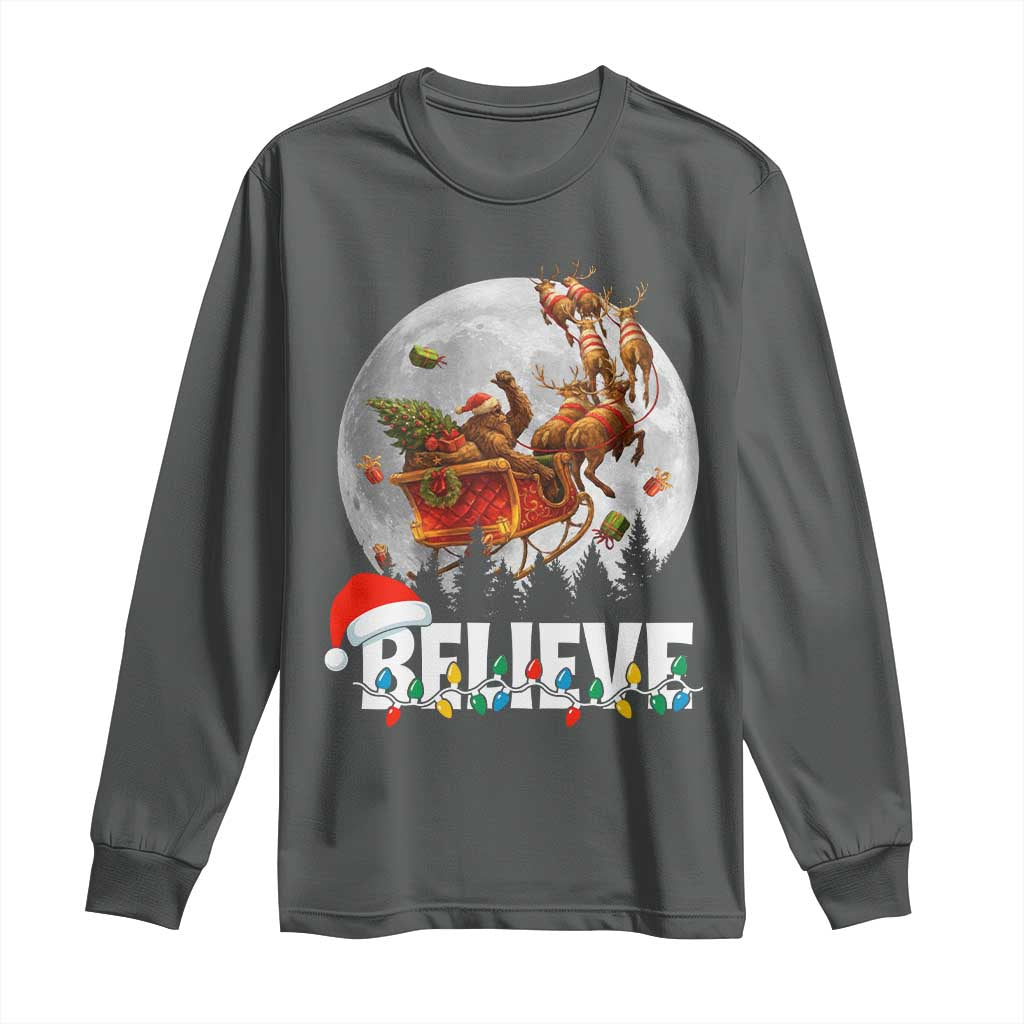 Funny Bigfoot Christmas Long Sleeve Shirt Believe Santa Sasquatch Xmas Reindeer Sleigh TS11 Dark Heather Print Your Wear