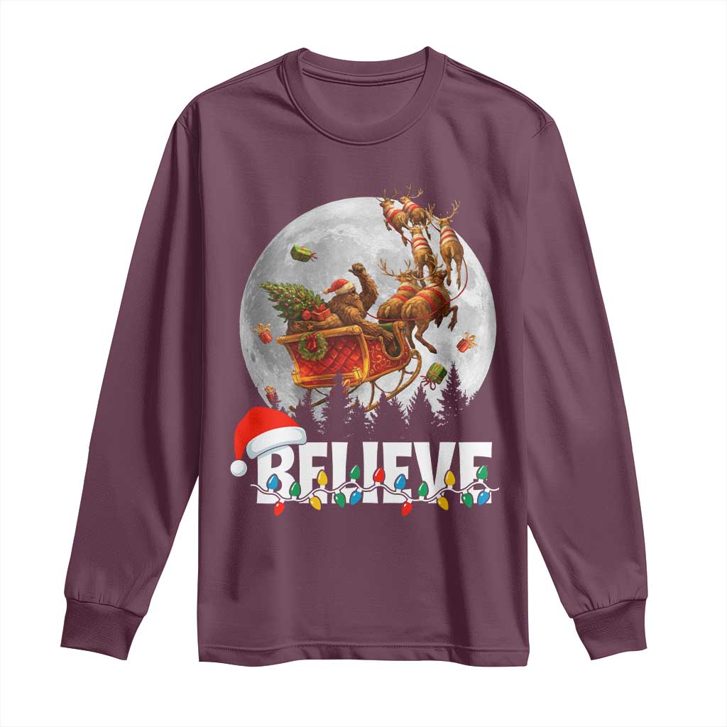 Funny Bigfoot Christmas Long Sleeve Shirt Believe Santa Sasquatch Xmas Reindeer Sleigh TS11 Maroon Print Your Wear