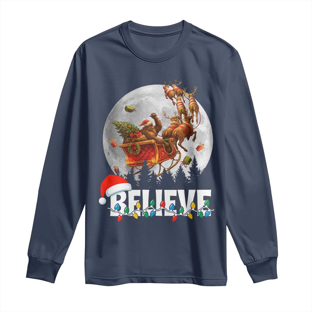 Funny Bigfoot Christmas Long Sleeve Shirt Believe Santa Sasquatch Xmas Reindeer Sleigh TS11 Navy Print Your Wear