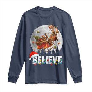 Funny Bigfoot Christmas Long Sleeve Shirt Believe Santa Sasquatch Xmas Reindeer Sleigh TS11 Navy Print Your Wear