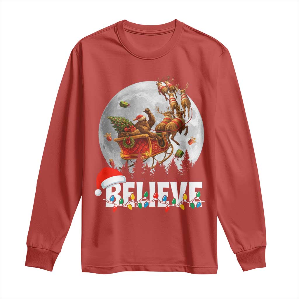Funny Bigfoot Christmas Long Sleeve Shirt Believe Santa Sasquatch Xmas Reindeer Sleigh TS11 Red Print Your Wear