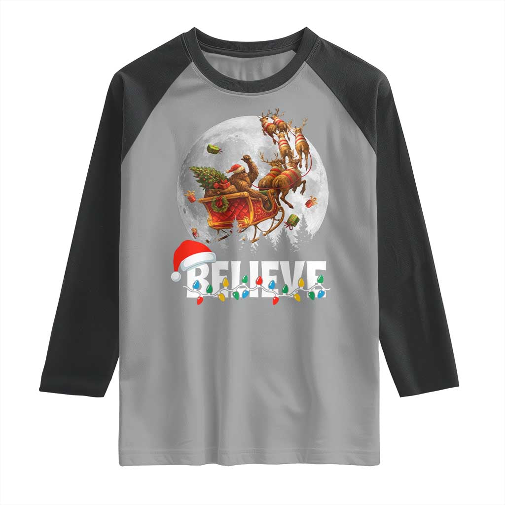 Funny Bigfoot Christmas Raglan Shirt Believe Santa Sasquatch Xmas Reindeer Sleigh TS11 Sport Gray Black Print Your Wear