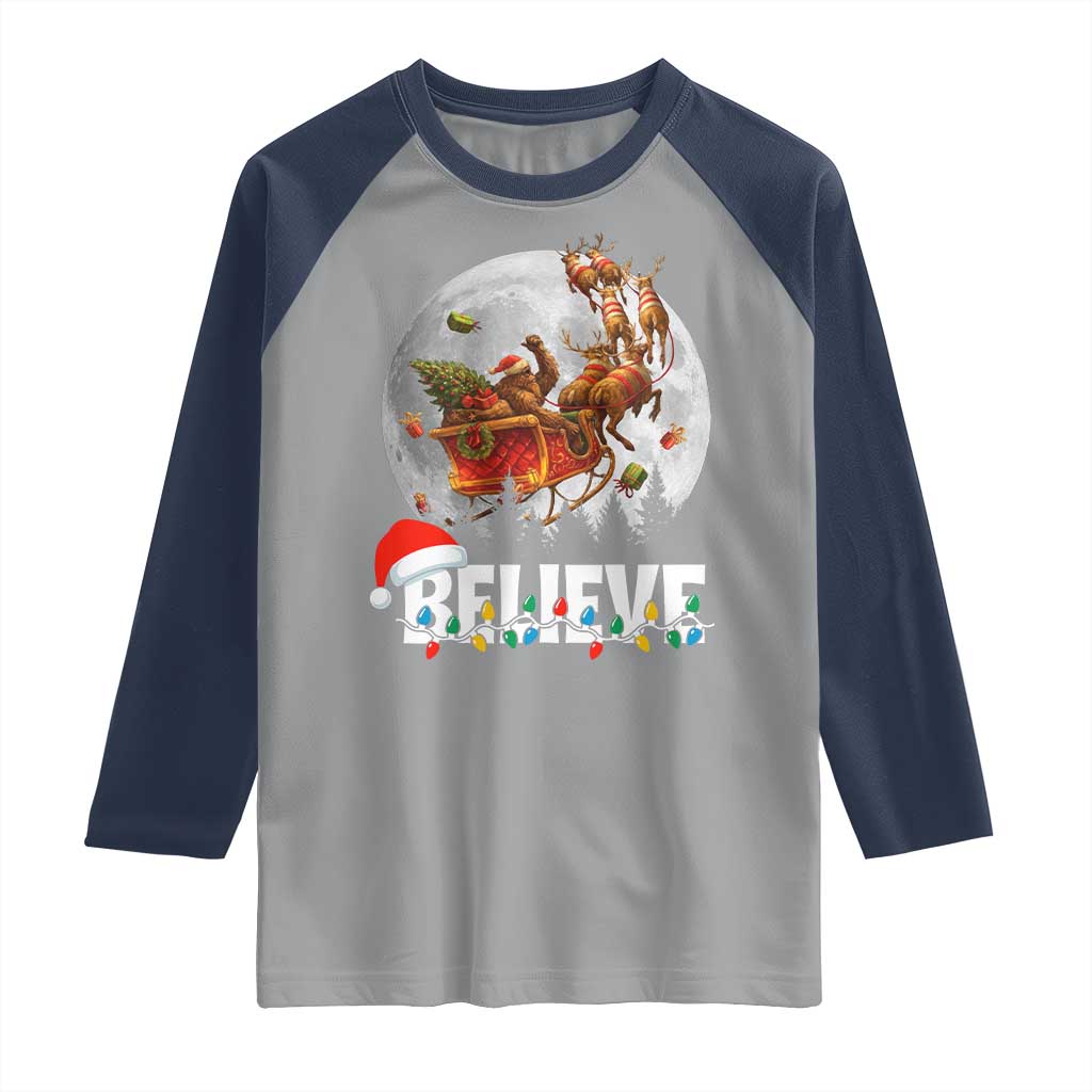 Funny Bigfoot Christmas Raglan Shirt Believe Santa Sasquatch Xmas Reindeer Sleigh TS11 Sport Gray Navy Print Your Wear