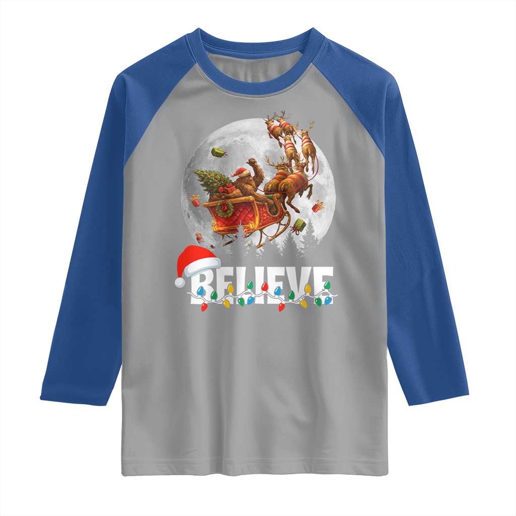 Funny Bigfoot Christmas Raglan Shirt Believe Santa Sasquatch Xmas Reindeer Sleigh TS11 Sport Gray Royal Print Your Wear