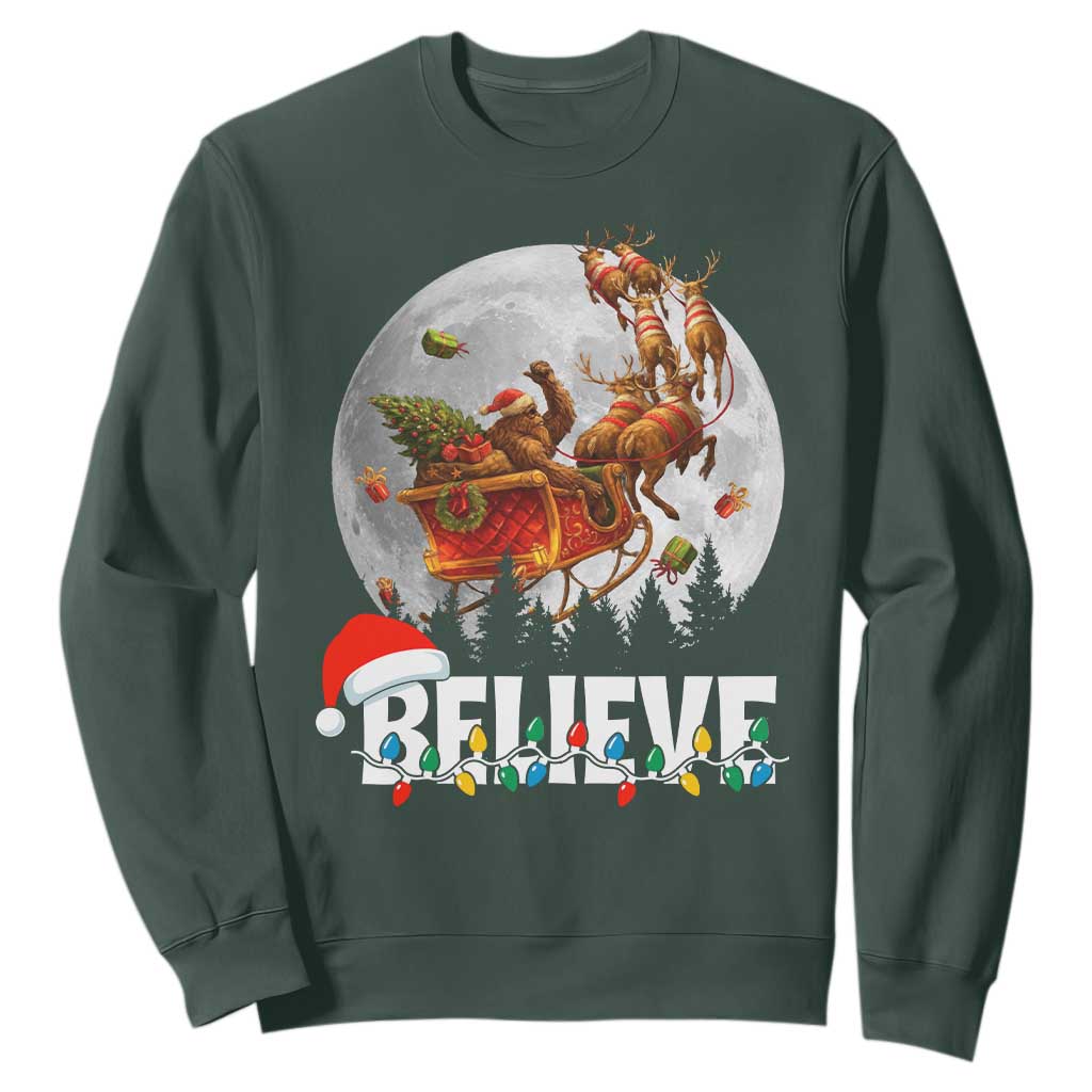 Funny Bigfoot Christmas Sweatshirt Believe Santa Sasquatch Xmas Reindeer Sleigh TS11 Dark Forest Green Print Your Wear