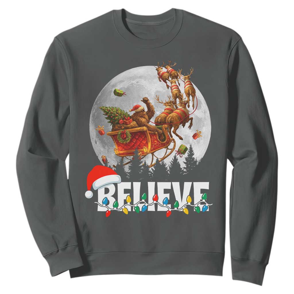 Funny Bigfoot Christmas Sweatshirt Believe Santa Sasquatch Xmas Reindeer Sleigh TS11 Dark Heather Print Your Wear