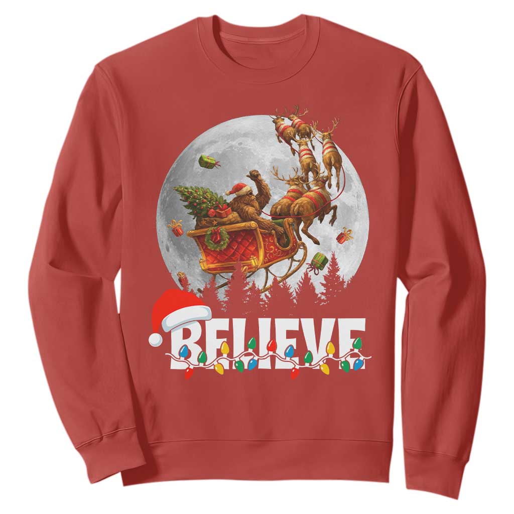 Funny Bigfoot Christmas Sweatshirt Believe Santa Sasquatch Xmas Reindeer Sleigh TS11 Red Print Your Wear