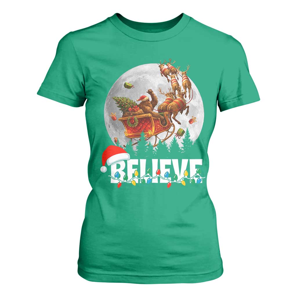Funny Bigfoot Christmas T Shirt For Women Believe Santa Sasquatch Xmas Reindeer Sleigh TS11 Irish Green Print Your Wear