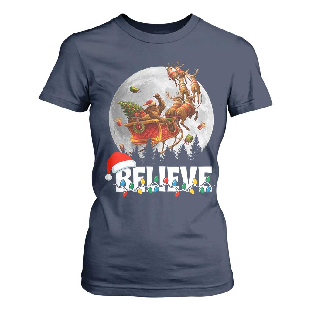 Funny Bigfoot Christmas T Shirt For Women Believe Santa Sasquatch Xmas Reindeer Sleigh TS11 Navy Print Your Wear