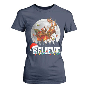 Funny Bigfoot Christmas T Shirt For Women Believe Santa Sasquatch Xmas Reindeer Sleigh TS11 Navy Print Your Wear