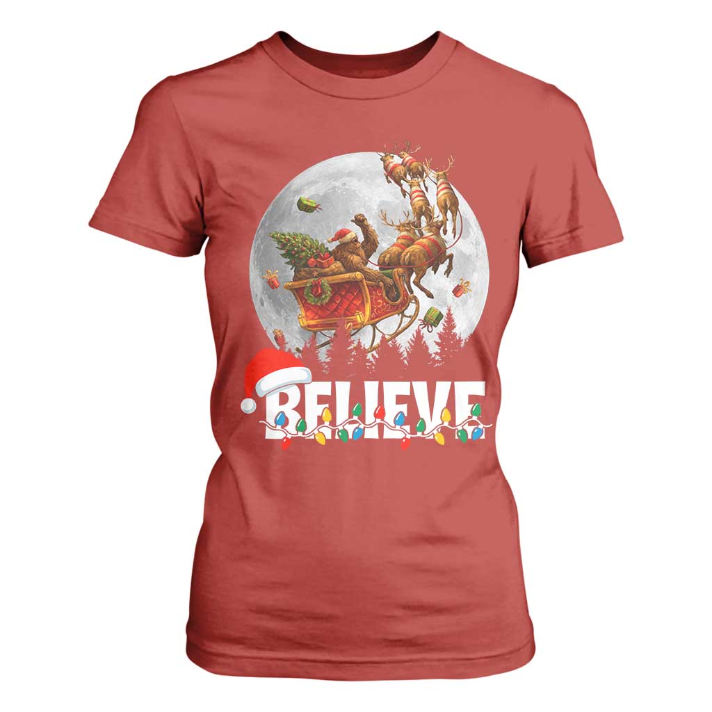Funny Bigfoot Christmas T Shirt For Women Believe Santa Sasquatch Xmas Reindeer Sleigh TS11 Red Print Your Wear