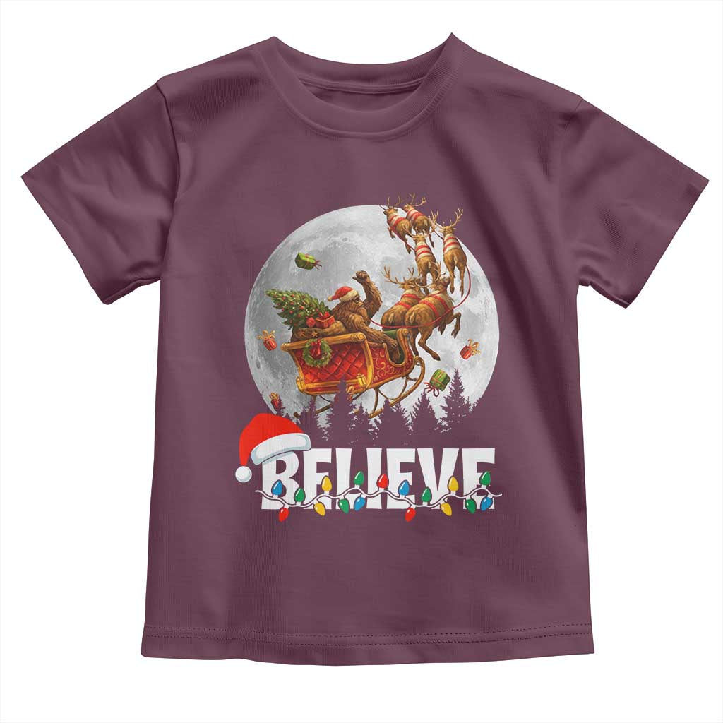 Funny Bigfoot Christmas Toddler T Shirt Believe Santa Sasquatch Xmas Reindeer Sleigh TS11 Maroon Print Your Wear
