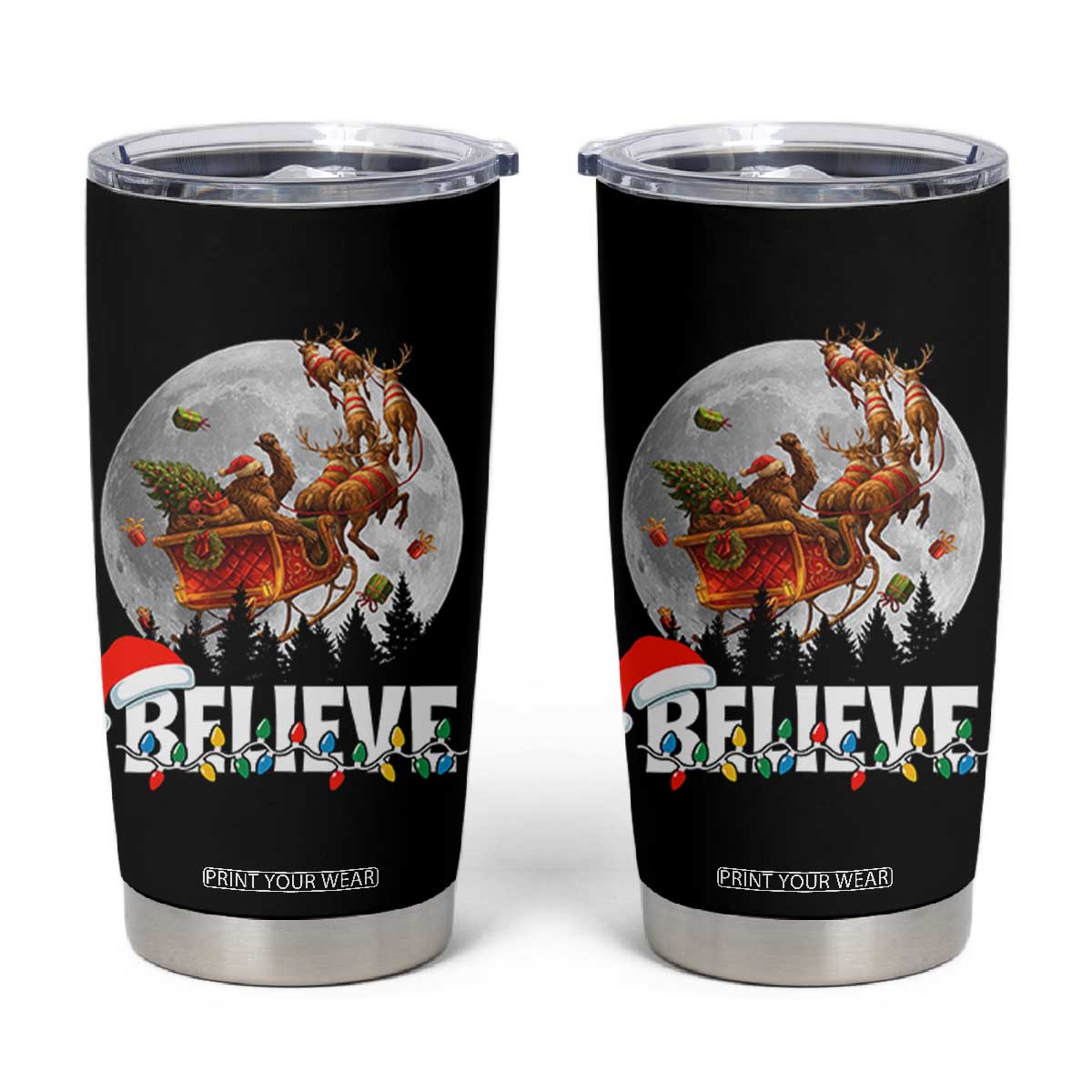 Funny Bigfoot Christmas Tumbler Cup Believe Santa Sasquatch Xmas Reindeer Sleigh TS11 Black Print Your Wear