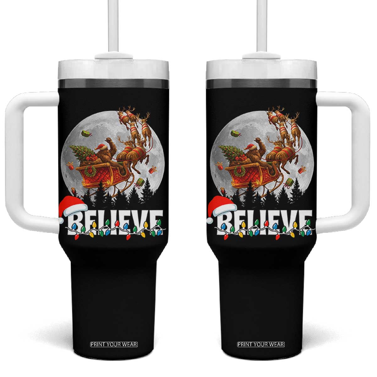 Funny Bigfoot Christmas Tumbler With Handle Believe Santa Sasquatch Xmas Reindeer Sleigh TS11 One Size: 40 oz Black Print Your Wear