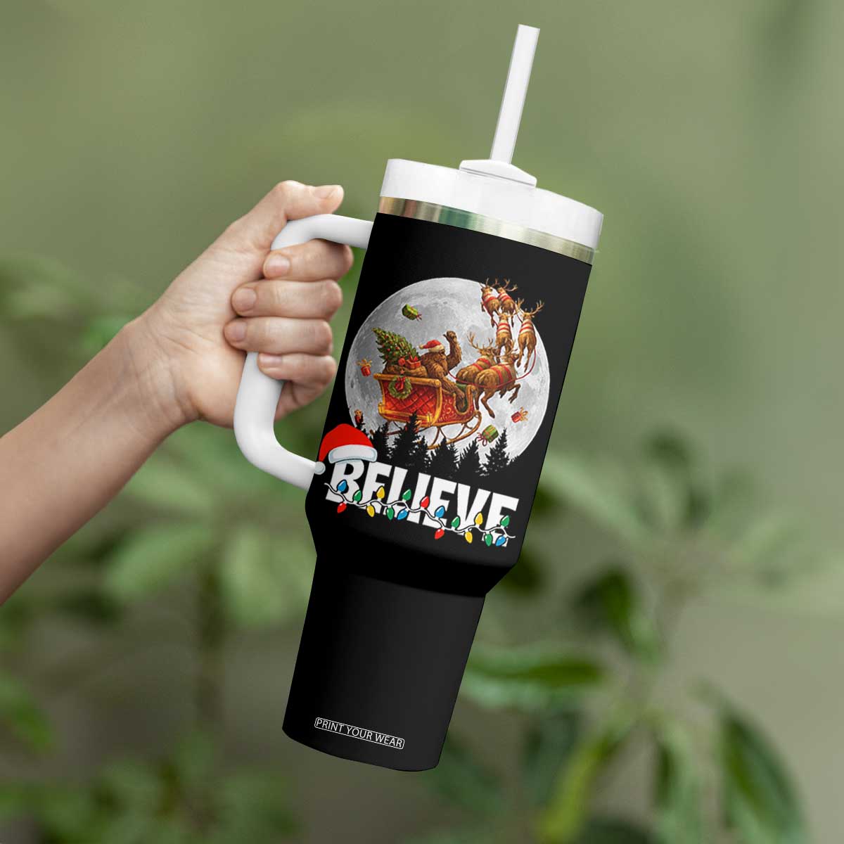 Funny Bigfoot Christmas Tumbler With Handle Believe Santa Sasquatch Xmas Reindeer Sleigh TS11 Print Your Wear