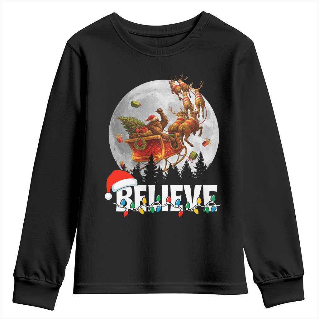 Funny Bigfoot Christmas Youth Sweatshirt Believe Santa Sasquatch Xmas Reindeer Sleigh TS11 Black Print Your Wear