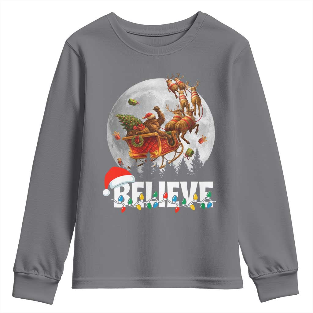 Funny Bigfoot Christmas Youth Sweatshirt Believe Santa Sasquatch Xmas Reindeer Sleigh TS11 Charcoal Print Your Wear
