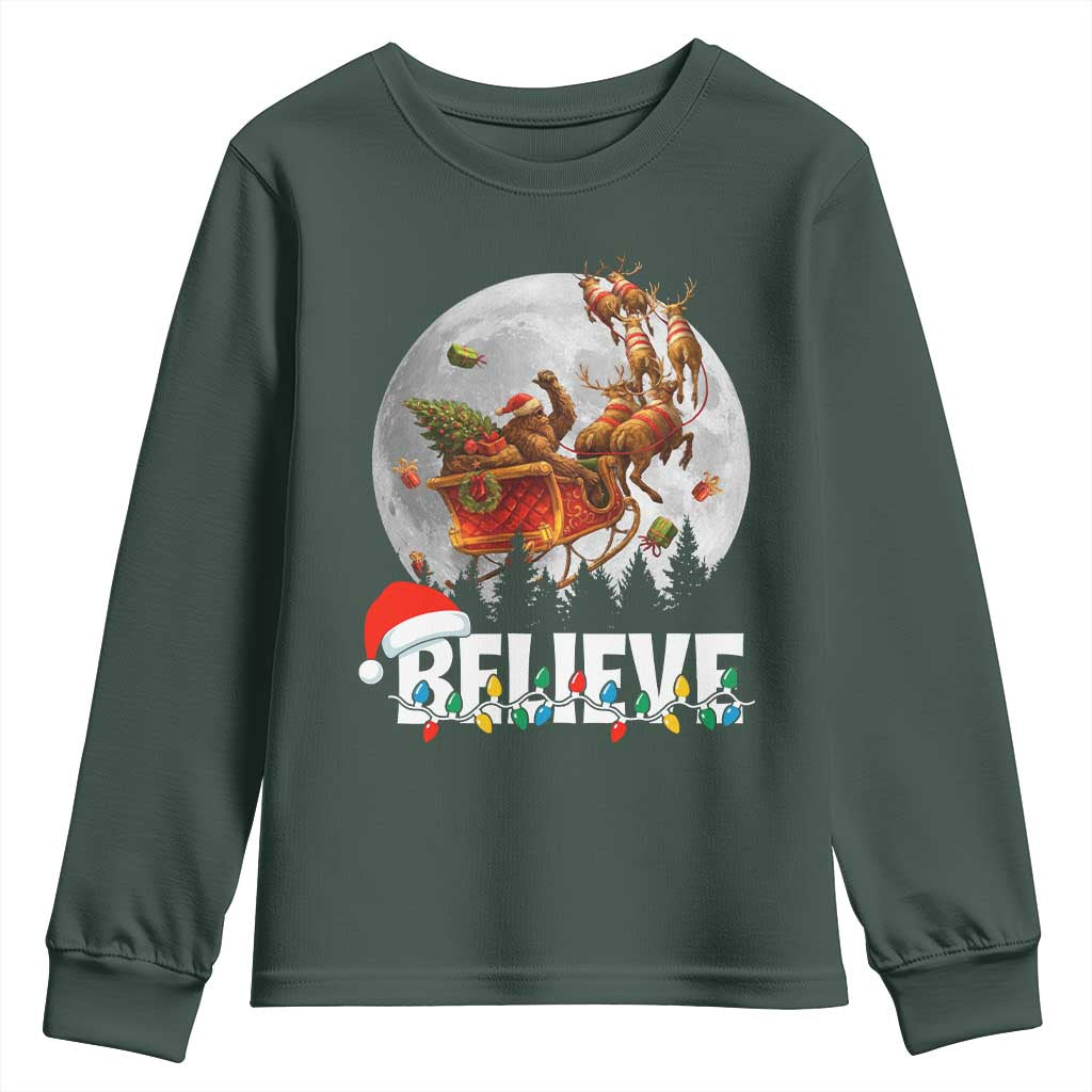 Funny Bigfoot Christmas Youth Sweatshirt Believe Santa Sasquatch Xmas Reindeer Sleigh TS11 Dark Forest Green Print Your Wear