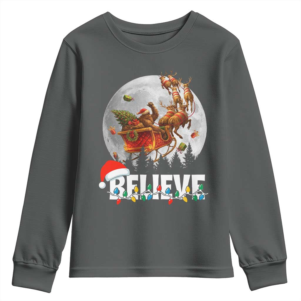 Funny Bigfoot Christmas Youth Sweatshirt Believe Santa Sasquatch Xmas Reindeer Sleigh TS11 Dark Heather Print Your Wear