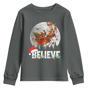 Funny Bigfoot Christmas Youth Sweatshirt Believe Santa Sasquatch Xmas Reindeer Sleigh TS11 Dark Heather Print Your Wear