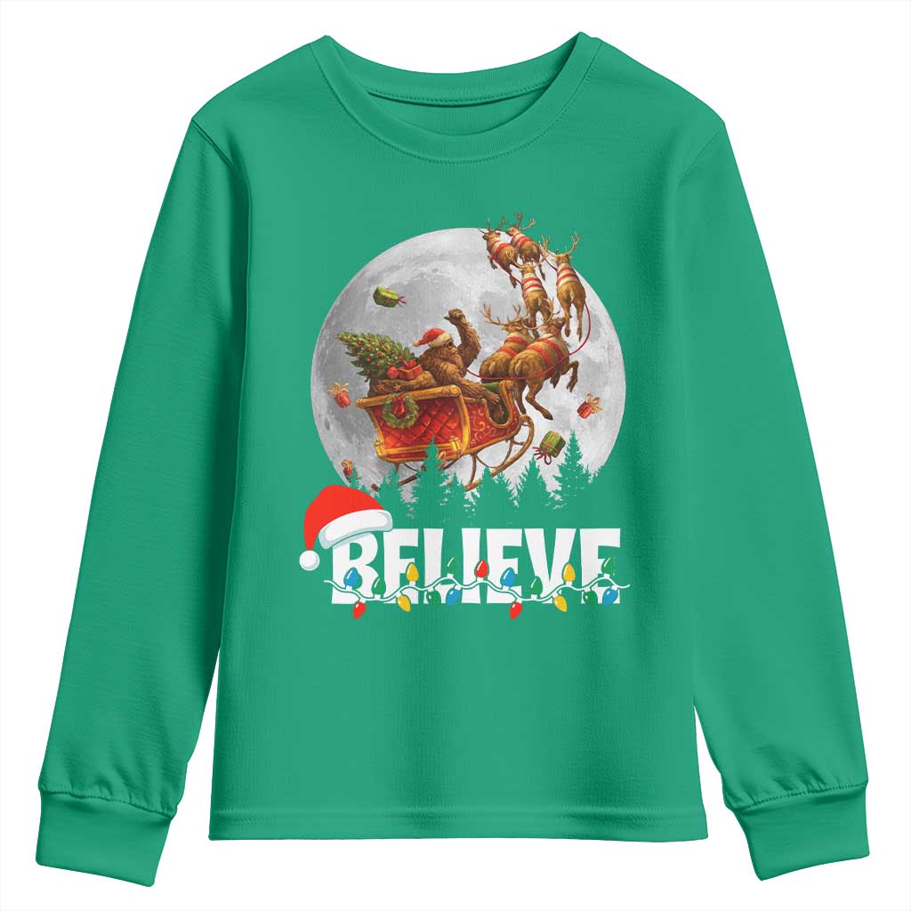 Funny Bigfoot Christmas Youth Sweatshirt Believe Santa Sasquatch Xmas Reindeer Sleigh TS11 Irish Green Print Your Wear