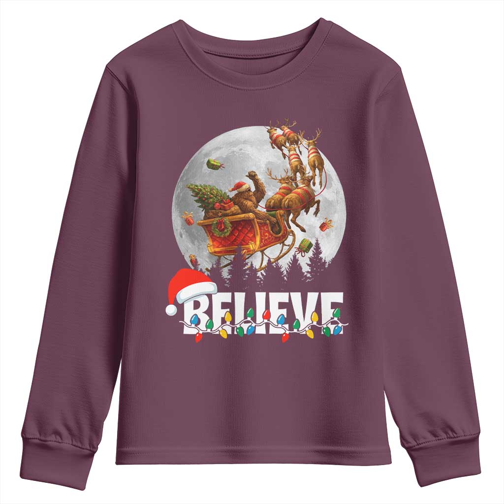 Funny Bigfoot Christmas Youth Sweatshirt Believe Santa Sasquatch Xmas Reindeer Sleigh TS11 Maroon Print Your Wear