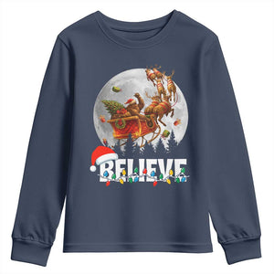 Funny Bigfoot Christmas Youth Sweatshirt Believe Santa Sasquatch Xmas Reindeer Sleigh TS11 Navy Print Your Wear