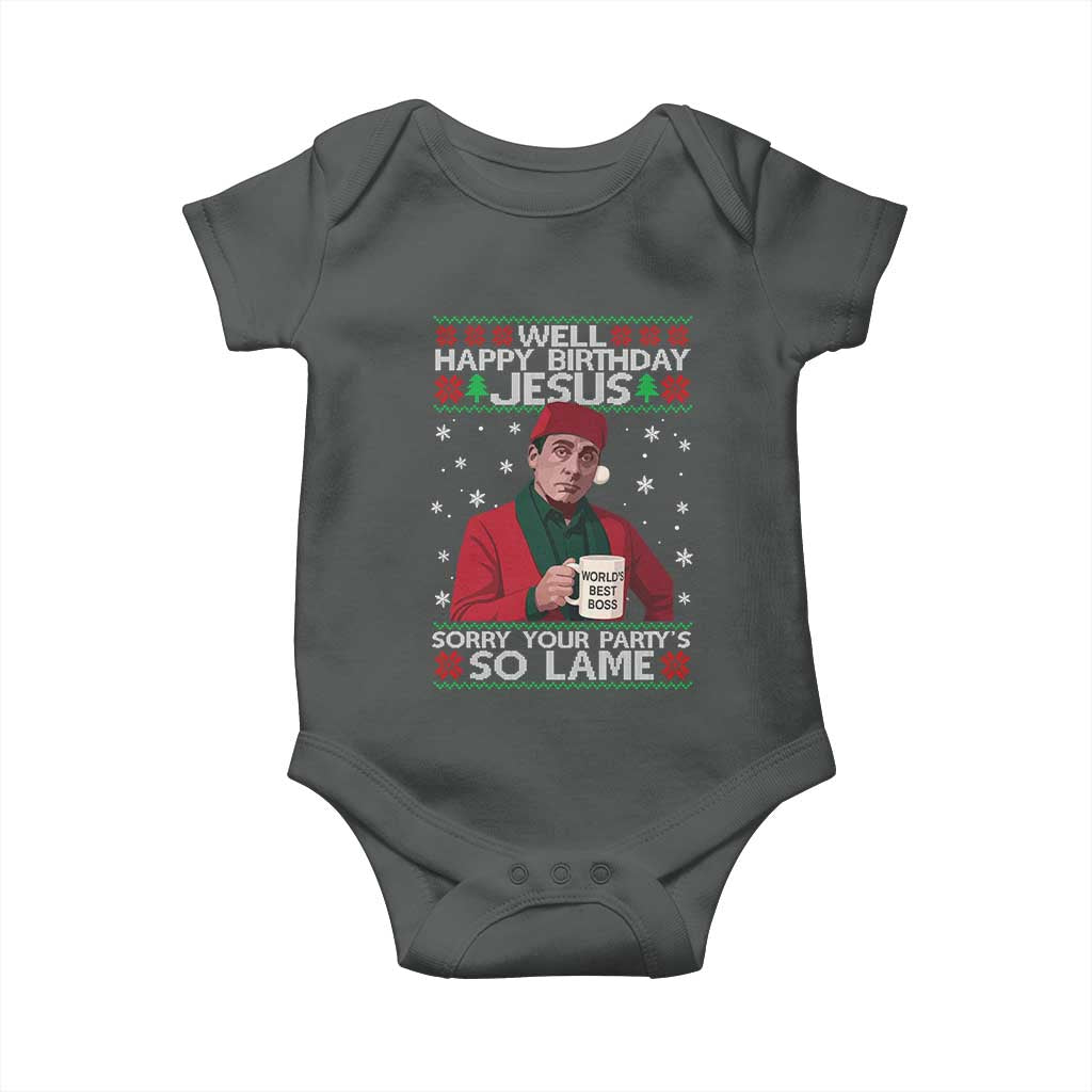 Funny Christmas The Office Movie Baby Onesie Well Happy Birthday Jesus Sorry Your Party Is So Lame TS11 Dark Heather Print Your Wear