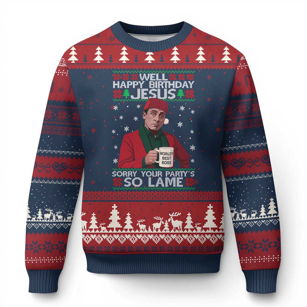 Funny Xmas Office Movie Ugly Christmas Sweater Well Happy Birthday Jesus Sorry Your Party Is So Lame TS11 Navy Red Print Your Wear