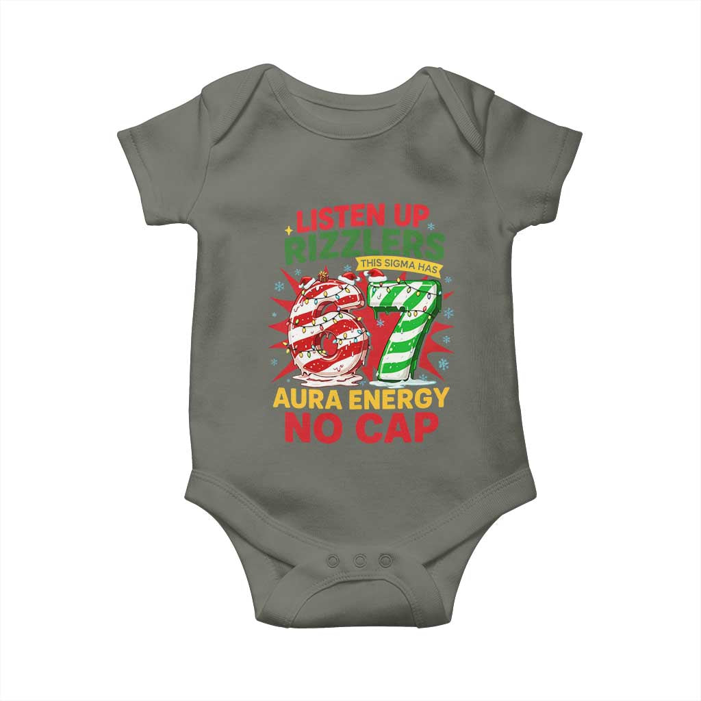 Funny Christmas 67 Meme Baby Onesie Listen Up Rizzlers This Sigma Has 67 Aura Energy No Cap TS11 Military Green Print Your Wear
