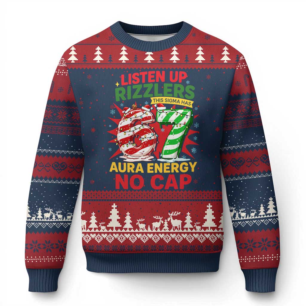 Funny Xmas 67 Meme Ugly Christmas Sweater Listen Up Rizzlers This Sigma Has 67 Aura Energy No Cap TS11 Navy Red Print Your Wear