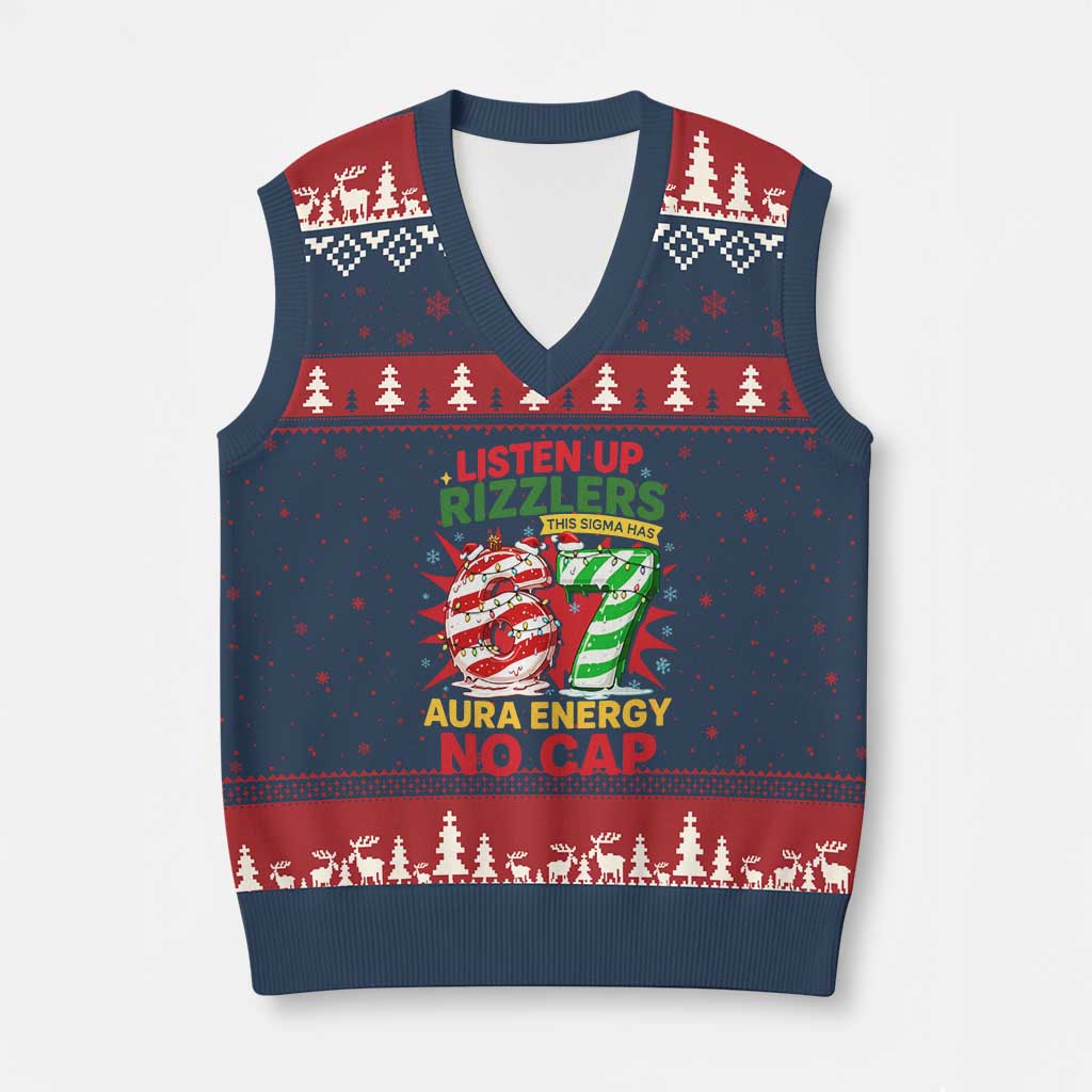 Funny Xmas 67 Meme V-Neck Knit Sweater Vest Listen Up Rizzlers This Sigma Has 67 Aura Energy No Cap TS11 Navy Red Print Your Wear