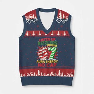 Funny Xmas 67 Meme V-Neck Knit Sweater Vest Listen Up Rizzlers This Sigma Has 67 Aura Energy No Cap TS11 Navy Red Print Your Wear