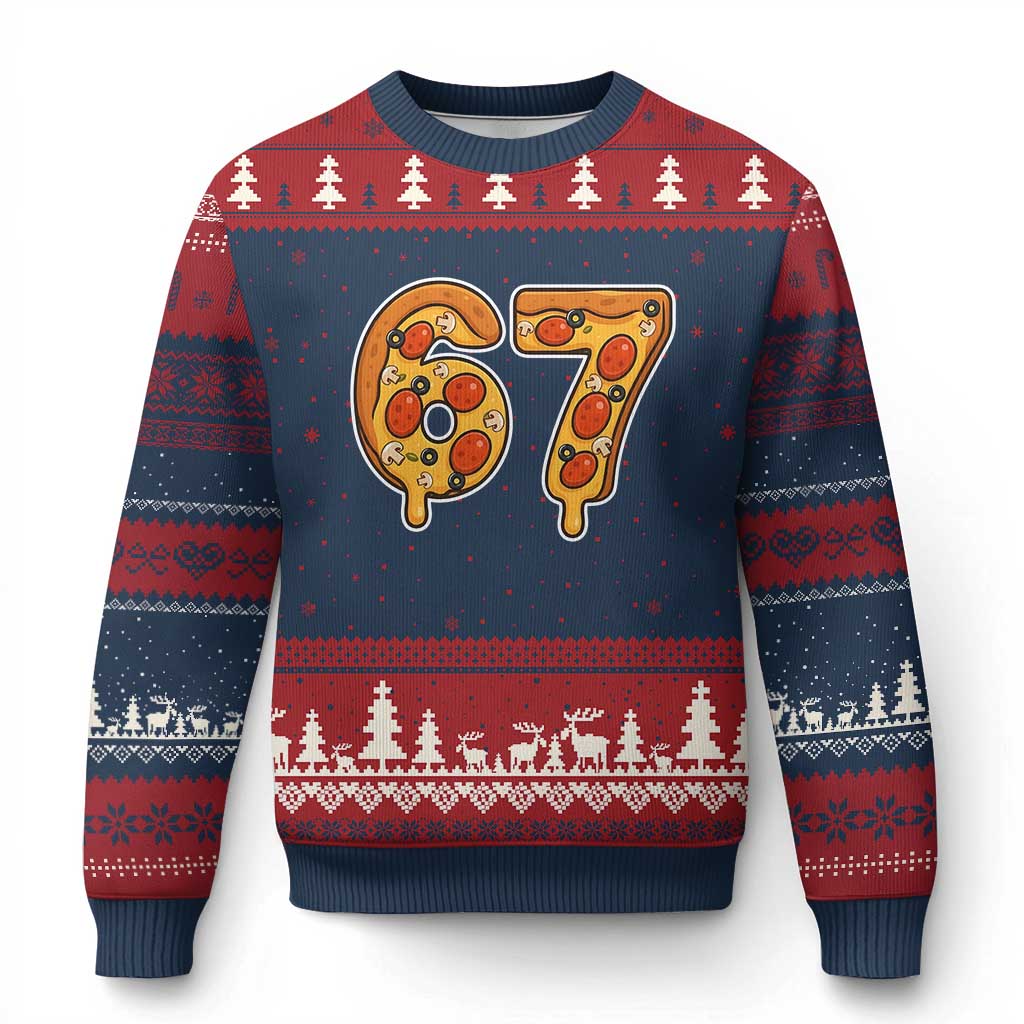 Funny 67 Pizza Lover Ugly Christmas Sweater Six Seven Gen Alpha Slang TS11 Navy Red Print Your Wear