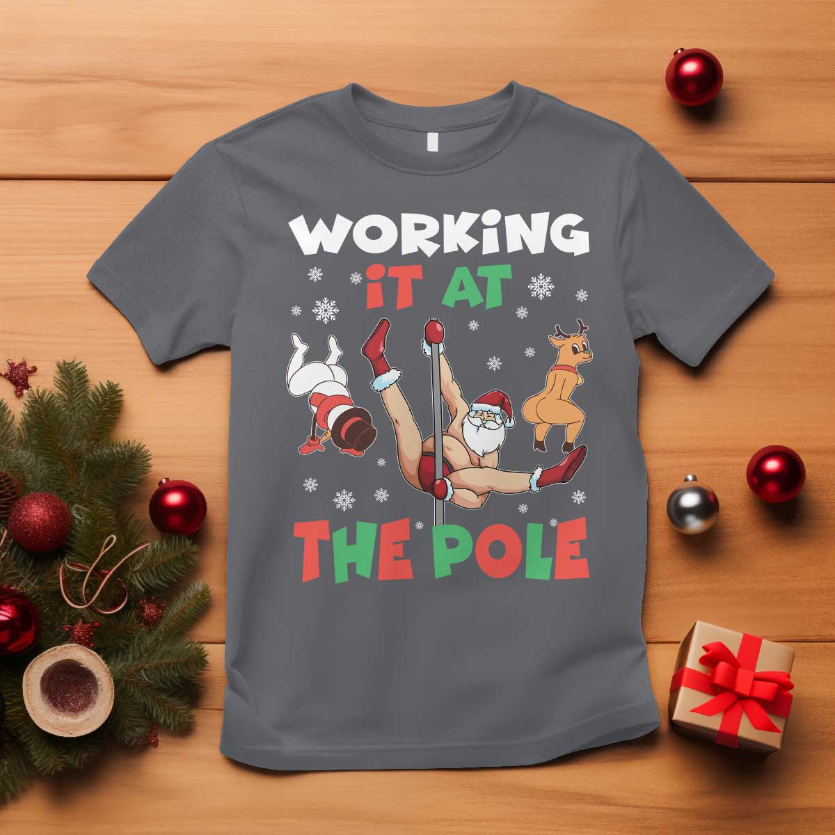 Funny Christmas Naughty Santa T Shirt Working It At The Pole TS11 Charcoal Print Your Wear
