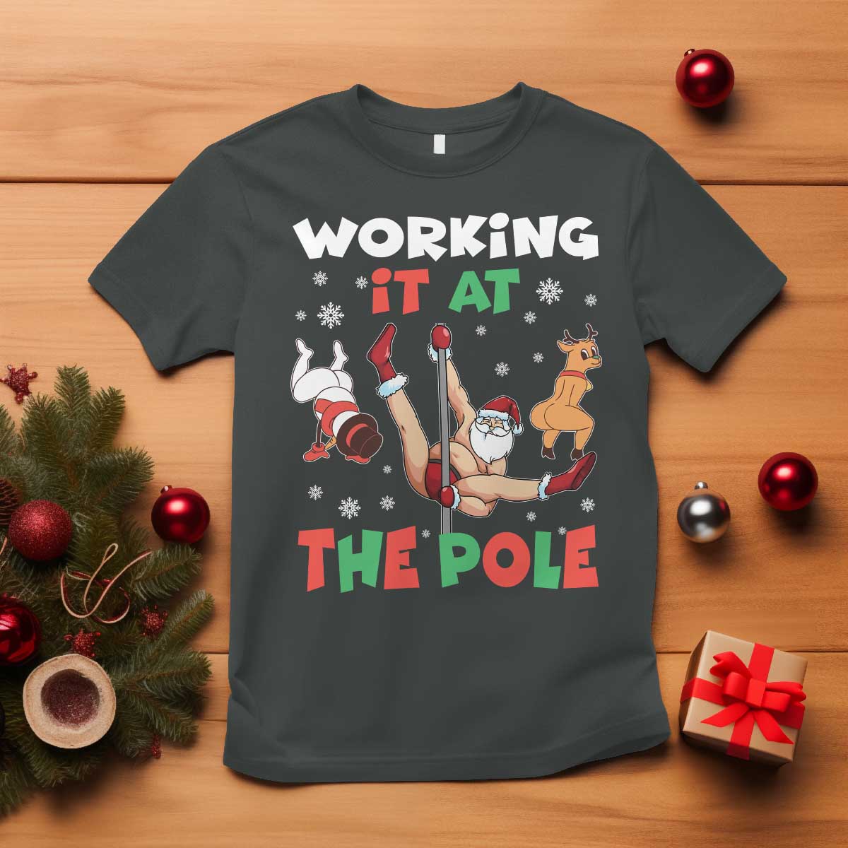 Funny Christmas Naughty Santa T Shirt Working It At The Pole TS11 Dark Heather Print Your Wear