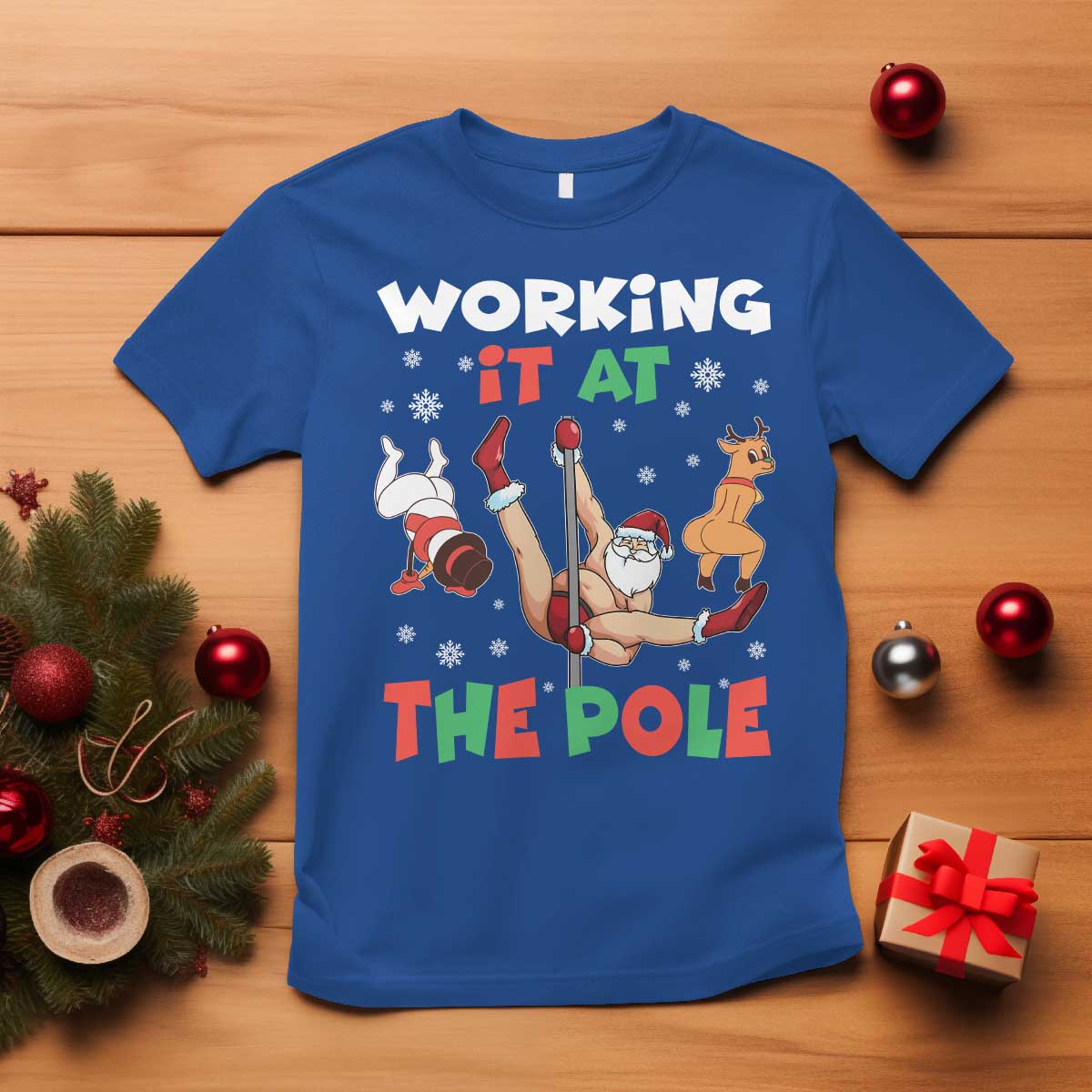 Funny Christmas Naughty Santa T Shirt Working It At The Pole TS11 Royal Blue Print Your Wear