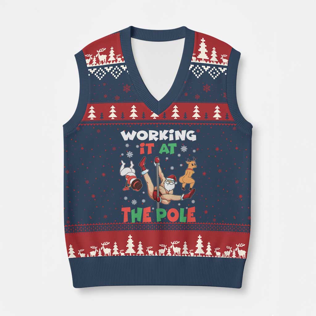 Funny Xmas Naughty Santa V-Neck Knit Sweater Vest Working It At The Pole TS11 Navy Red Print Your Wear