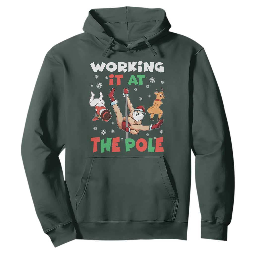 Funny Christmas Naughty Santa Hoodie Working It At The Pole TS11 Dark Forest Green Print Your Wear