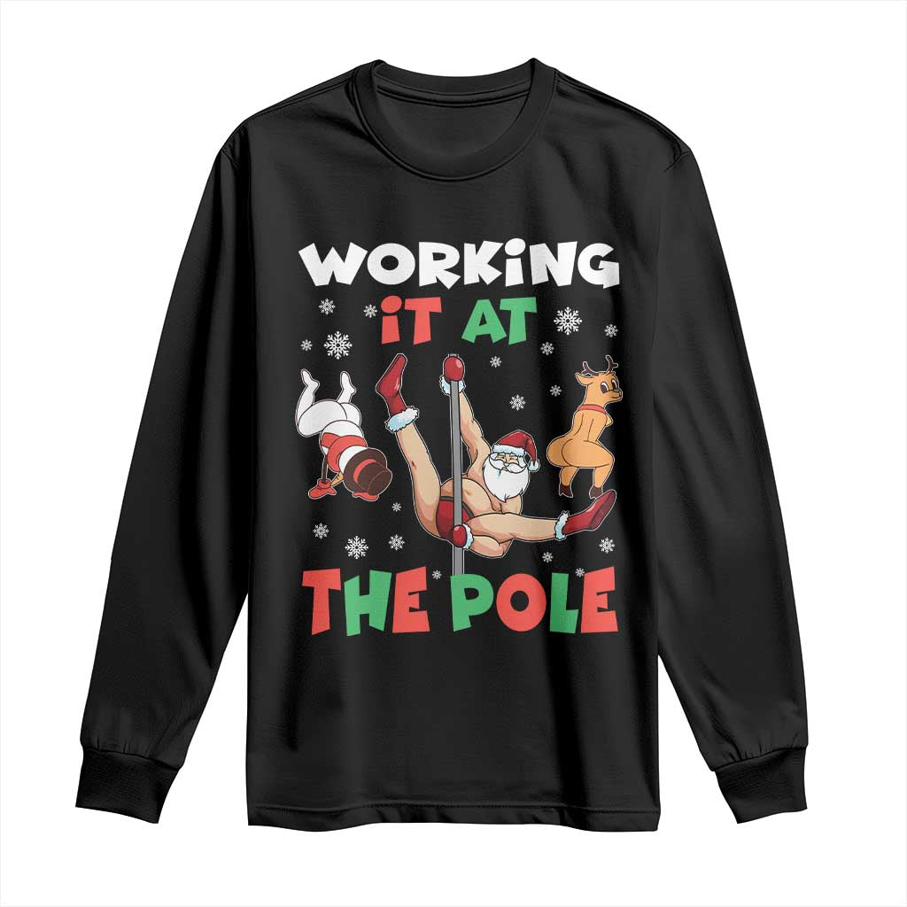 Funny Christmas Naughty Santa Long Sleeve Shirt Working It At The Pole TS11 Black Print Your Wear