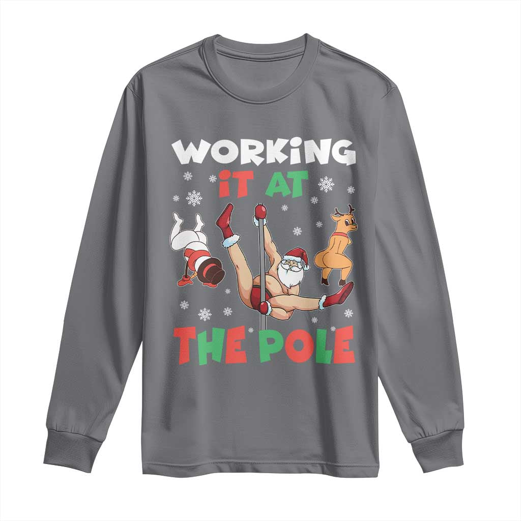 Funny Christmas Naughty Santa Long Sleeve Shirt Working It At The Pole TS11 Charcoal Print Your Wear