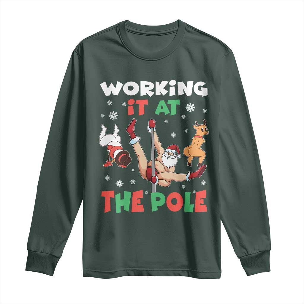 Funny Christmas Naughty Santa Long Sleeve Shirt Working It At The Pole TS11 Dark Forest Green Print Your Wear