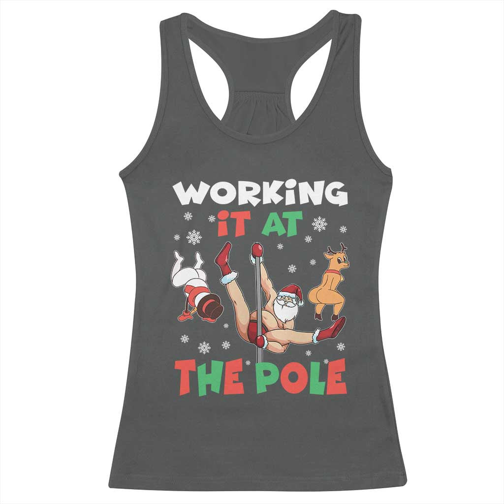 Funny Christmas Naughty Santa Racerback Tank Top Working It At The Pole TS11 Dark Heather Print Your Wear