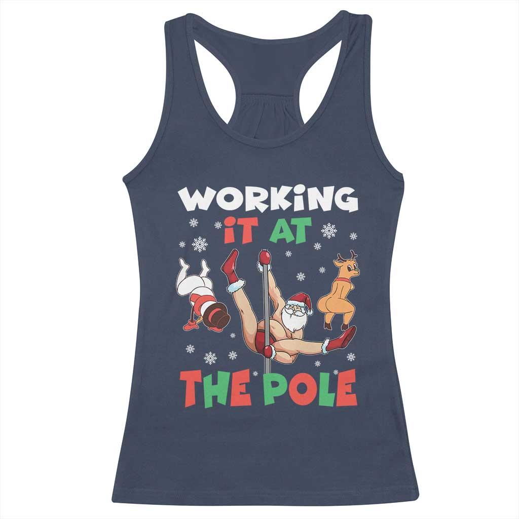 Funny Christmas Naughty Santa Racerback Tank Top Working It At The Pole TS11 Navy Print Your Wear