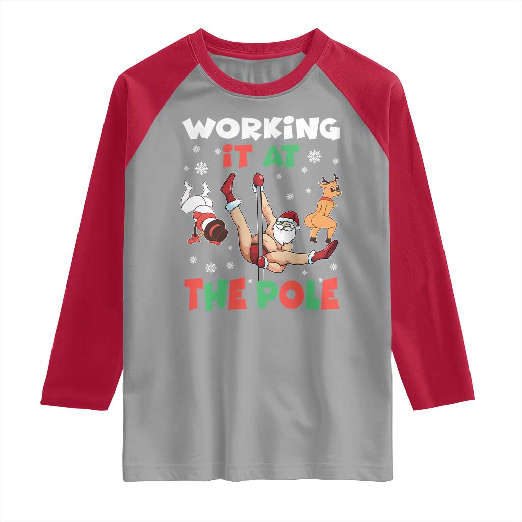 Funny Christmas Naughty Santa Raglan Shirt Working It At The Pole TS11 Sport Gray Red Print Your Wear