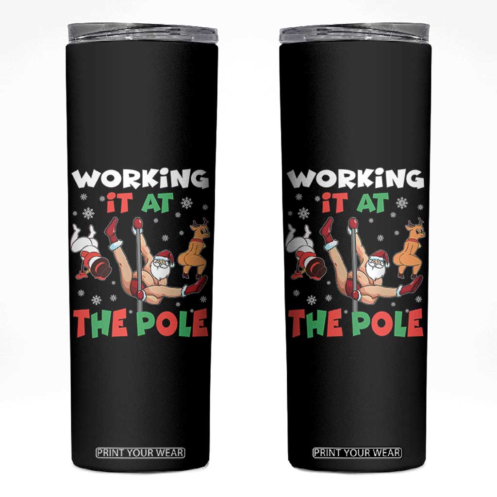 Funny Christmas Naughty Santa Skinny Tumbler Working It At The Pole TS11 Black Print Your Wear