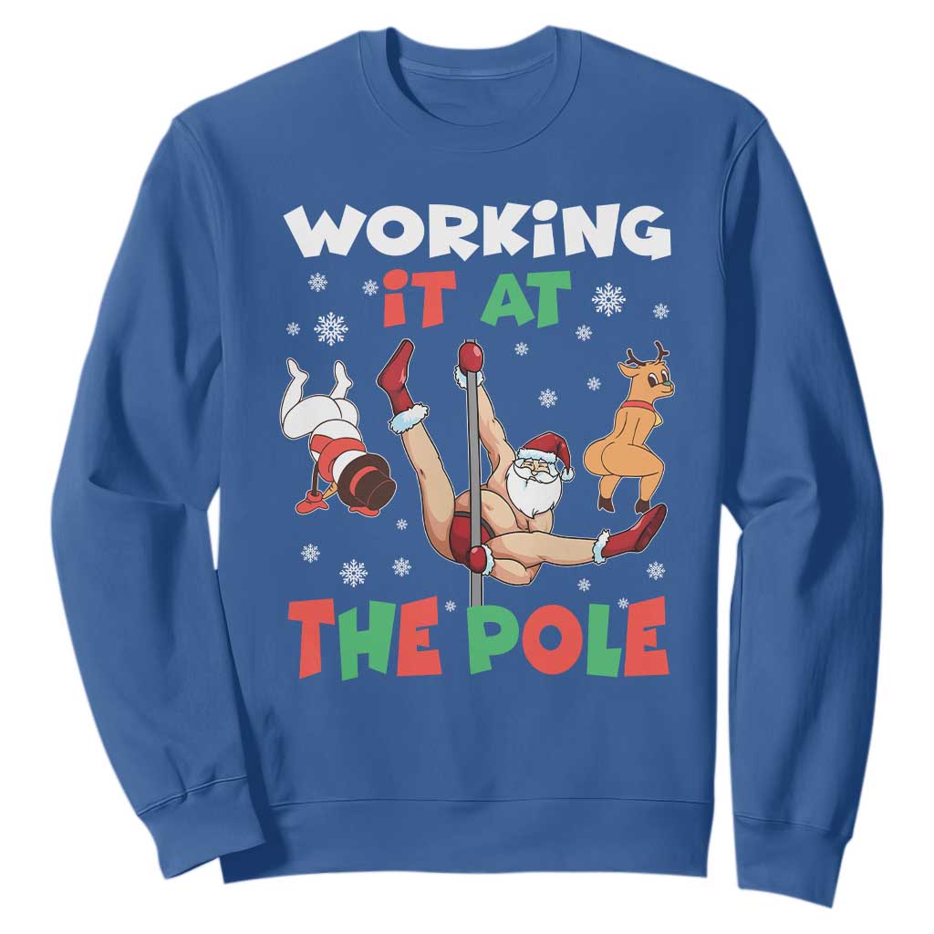 Funny Christmas Naughty Santa Sweatshirt Working It At The Pole TS11 Royal Blue Print Your Wear