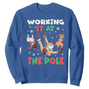 Funny Christmas Naughty Santa Sweatshirt Working It At The Pole TS11 Royal Blue Print Your Wear