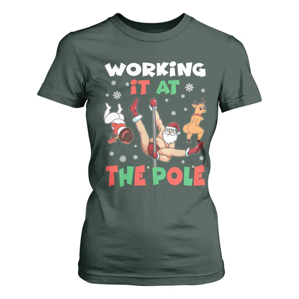 Funny Christmas Naughty Santa T Shirt For Women Working It At The Pole TS11 Dark Forest Green Print Your Wear